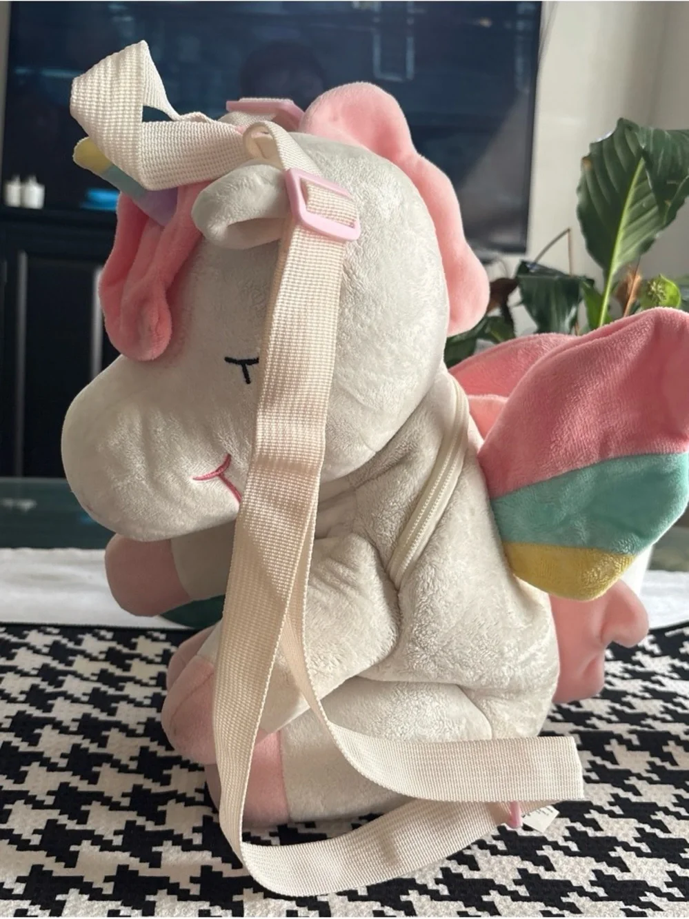 Cream & Pink Plush Unicorn Kids Backpack - Soft Pastel Design